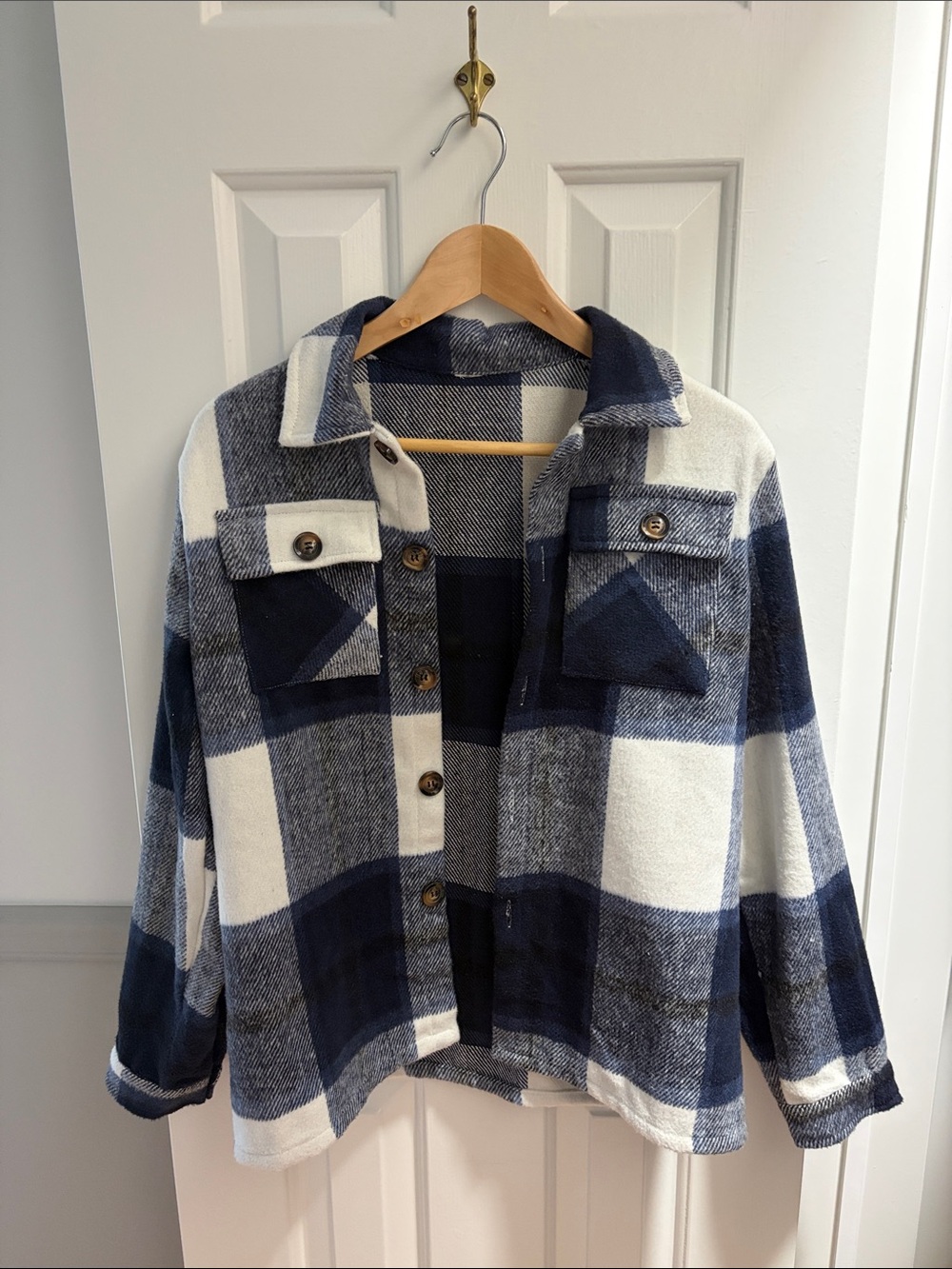 Blue and White Button Up Flannel Jacket